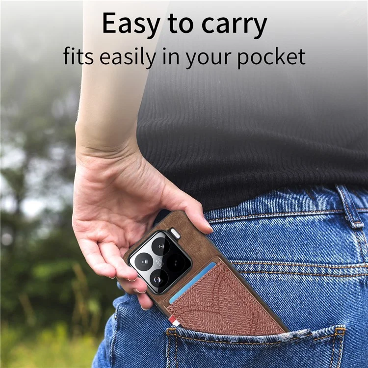 Custodia per telefono Xiaomi 15 Pro, texture in tessuto di jeans retrò, cover posteriore in pelle con portacarte - Marrone