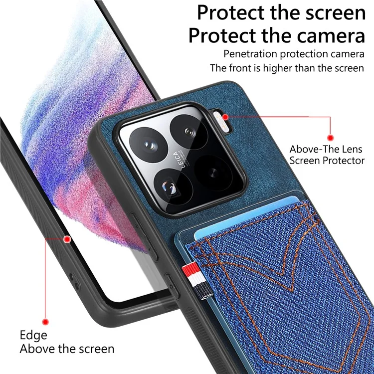 Custodia per telefono Xiaomi 15 Pro, texture in tessuto di jeans retrò, cover posteriore in pelle con portacarte - Marrone