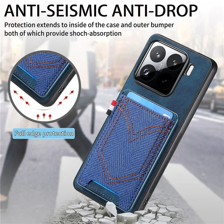 Custodia per telefono Xiaomi 15 Pro, texture in tessuto di jeans retrò, cover posteriore in pelle con portacarte - Marrone