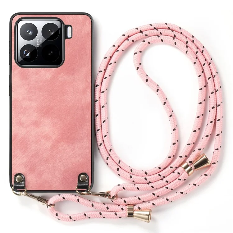 Für Xiaomi 15 Pro Hülle Retro-Textur Leder beschichtet PC+TPU Handyhülle mit Aufhängeseil - Pink
