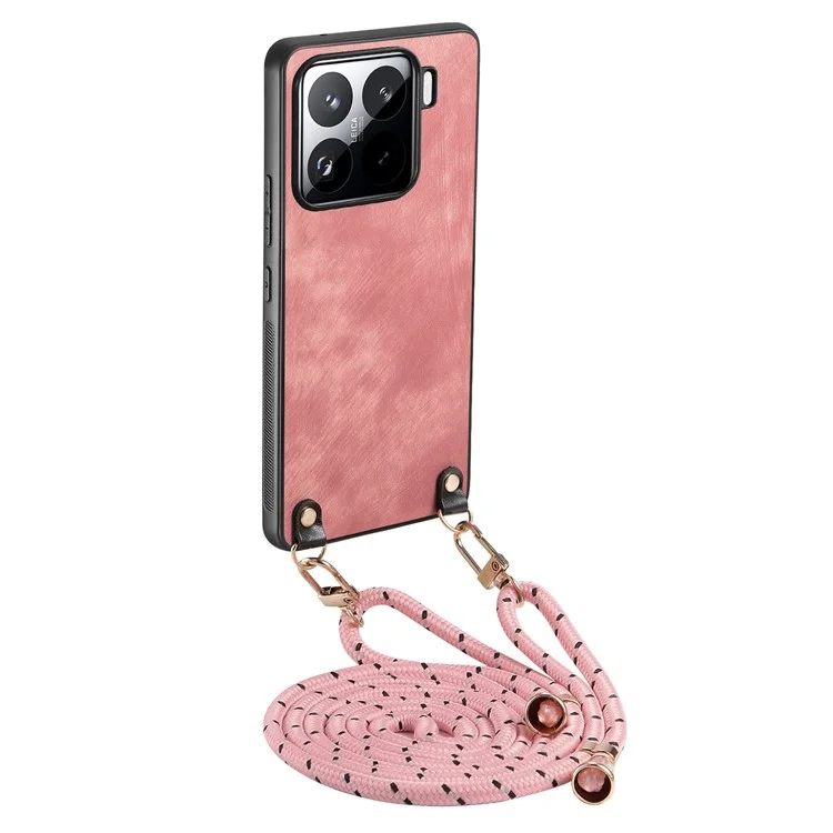 Für Xiaomi 15 Pro Hülle Retro-Textur Leder beschichtet PC+TPU Handyhülle mit Aufhängeseil - Pink