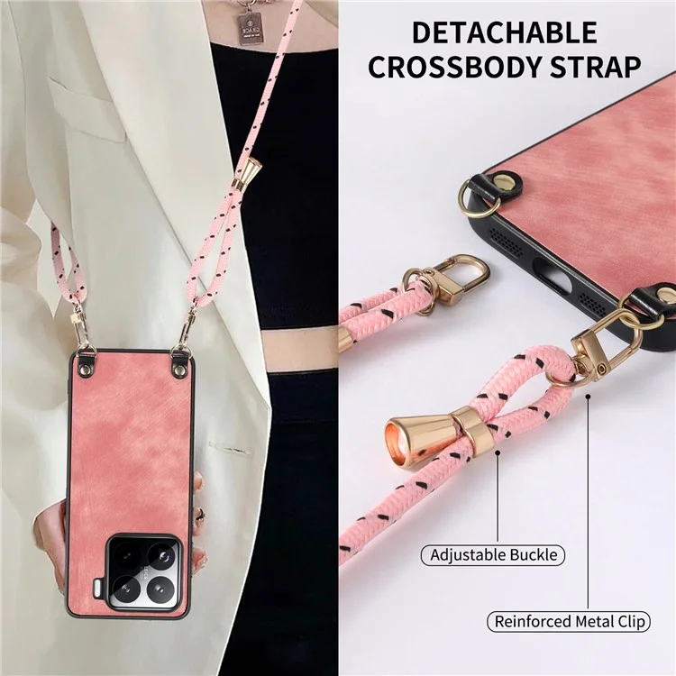 Für Xiaomi 15 Pro Hülle Retro-Textur Leder beschichtet PC+TPU Handyhülle mit Aufhängeseil - Pink