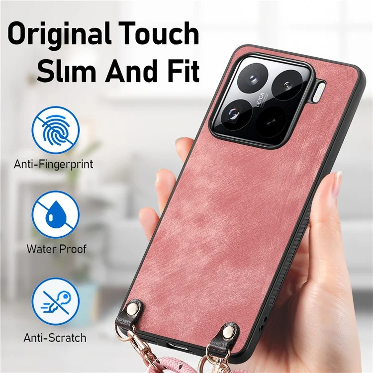 Für Xiaomi 15 Pro Hülle Retro-Textur Leder beschichtet PC+TPU Handyhülle mit Aufhängeseil - Pink