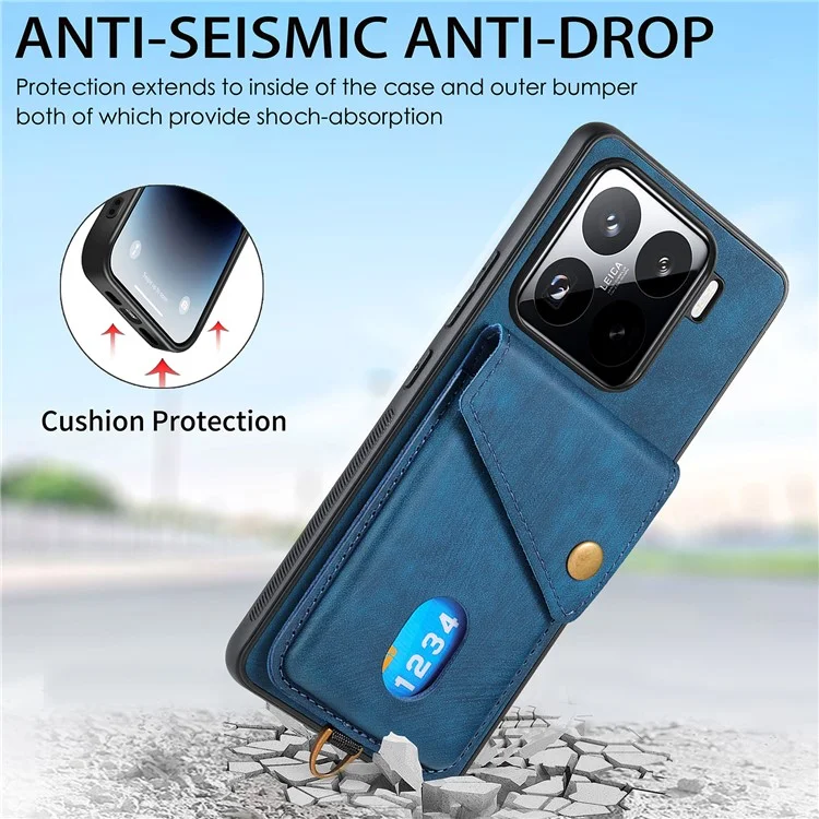 Custodia per Xiaomi 15 Pro in pelle + TPU con slot per schede e supporto - Blu