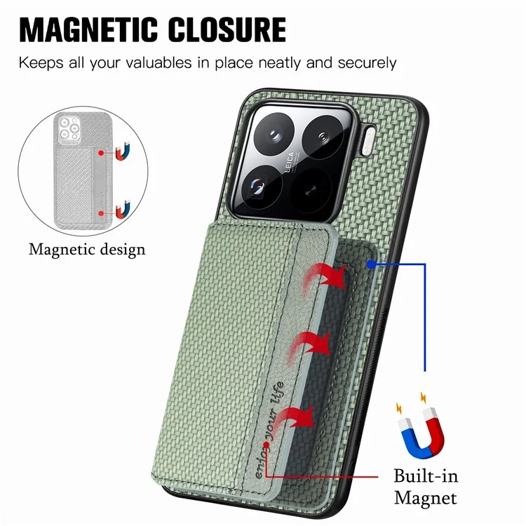 Custodia per Xiaomi 15 Pro con porta carte RFID, in fibra di carbonio e pelle, con PC + TPU - Verde