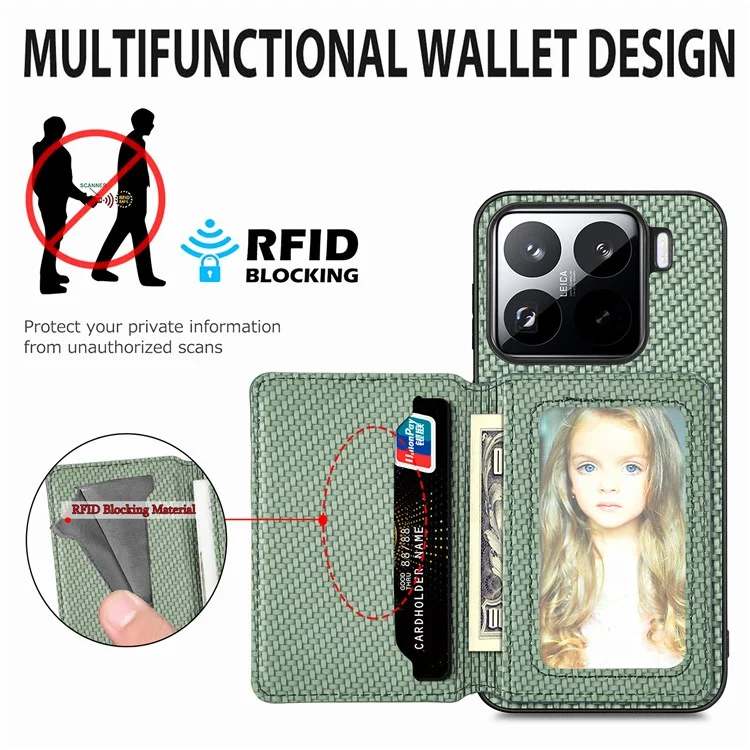 Custodia per Xiaomi 15 Pro con porta carte RFID, in fibra di carbonio e pelle, con PC + TPU - Verde