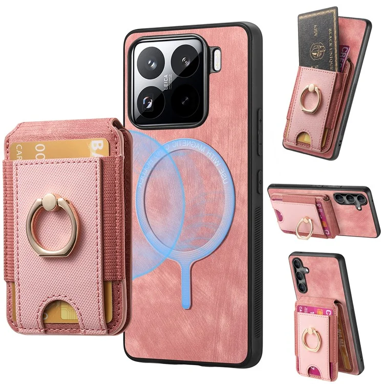 Funda para Xiaomi 15 con soporte para tarjeta desmontable y tapa trasera de cuero - Rosa