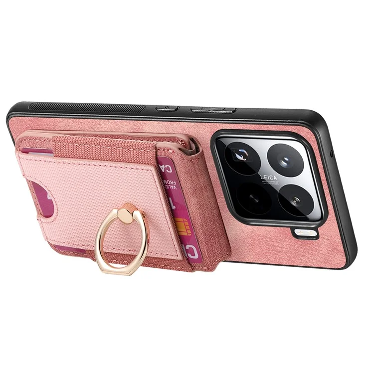 Funda para Xiaomi 15 con soporte para tarjeta desmontable y tapa trasera de cuero - Rosa