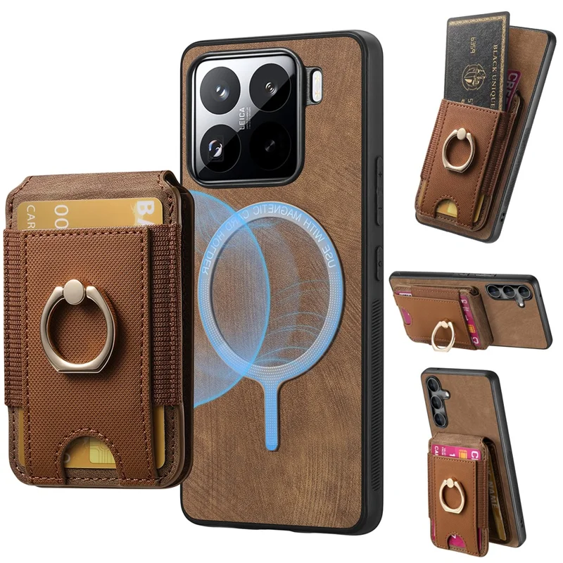 For Xiaomi 15 Magnetic Case Leather Back Cover with Detachable Card Holder Kickstand - Brown