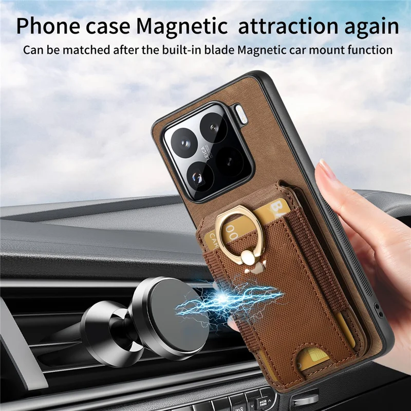For Xiaomi 15 Magnetic Case Leather Back Cover with Detachable Card Holder Kickstand - Brown