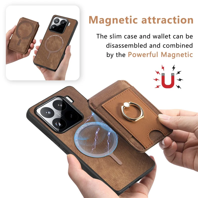 For Xiaomi 15 Magnetic Case Leather Back Cover with Detachable Card Holder Kickstand - Brown