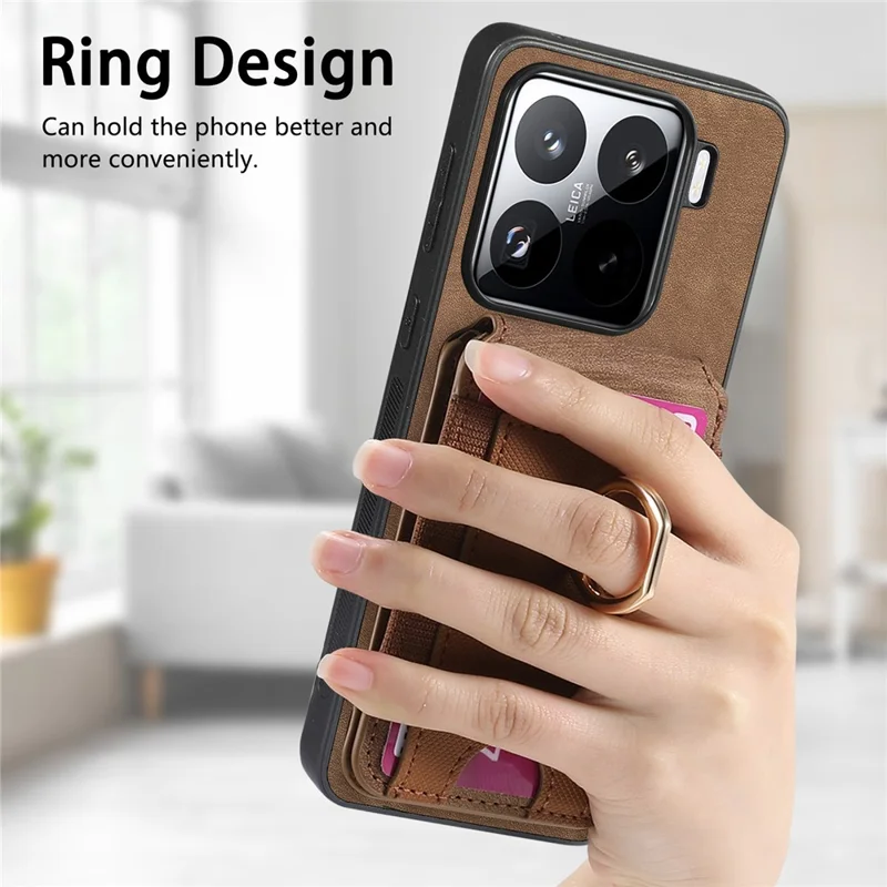 For Xiaomi 15 Magnetic Case Leather Back Cover with Detachable Card Holder Kickstand - Brown