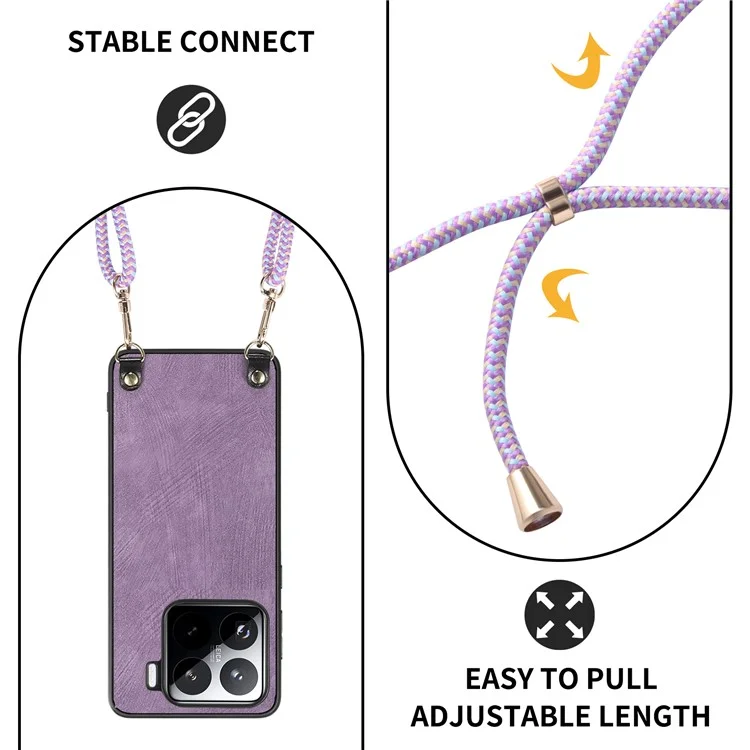 Custodia per Xiaomi 15 con texture retrò, rivestita in pelle, cover in PC+TPU con cordino - Viola