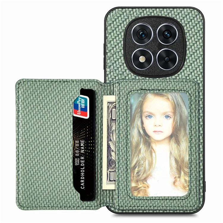 Étui pour Xiaomi Redmi Note 14 Pro 5G avec protection RFID, porte-cartes, fibre de carbone, cuir, PC et TPU - Vert