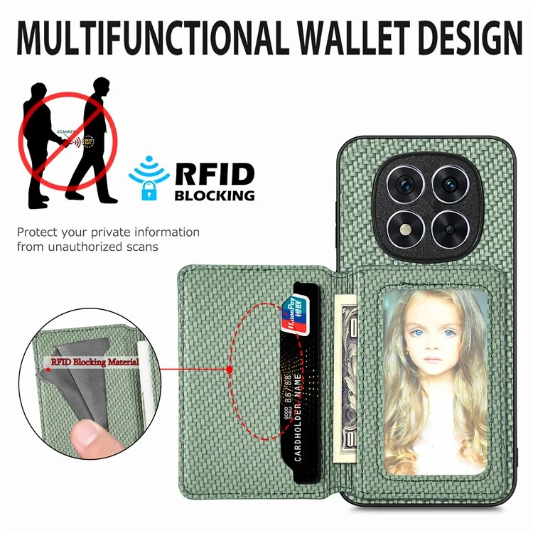 Étui pour Xiaomi Redmi Note 14 Pro 5G avec protection RFID, porte-cartes, fibre de carbone, cuir, PC et TPU - Vert