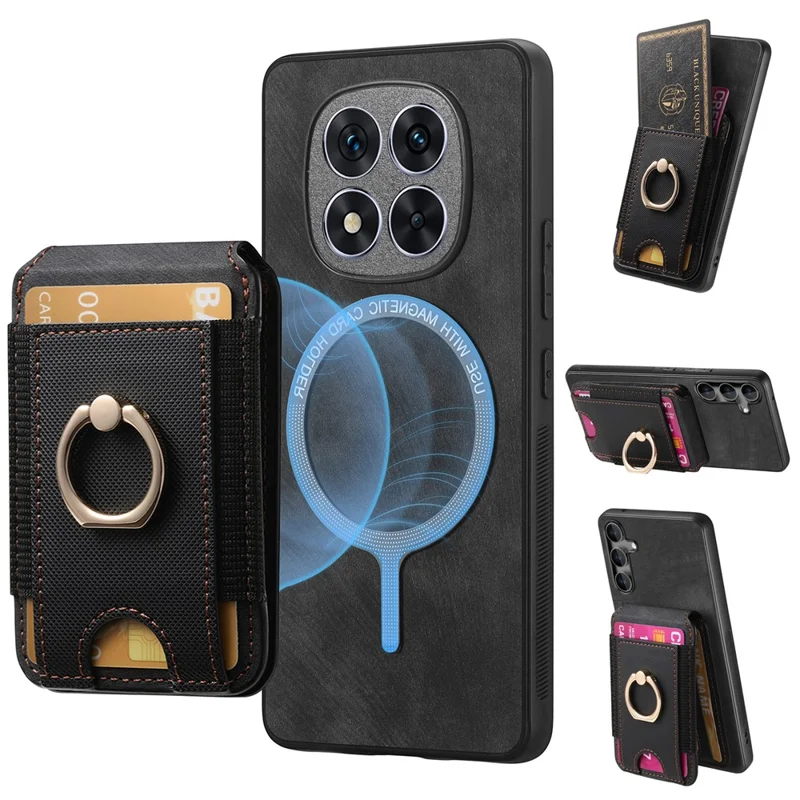 For Xiaomi Redmi Note 14 Pro+ 5G Magnetic Case Leather Back Cover with Detachable Card Holder Kickstand - Black