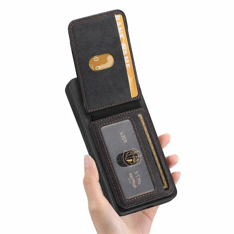 For Xiaomi Redmi Note 14 Pro+ 5G Magnetic Case Leather Back Cover with Detachable Card Holder Kickstand - Black