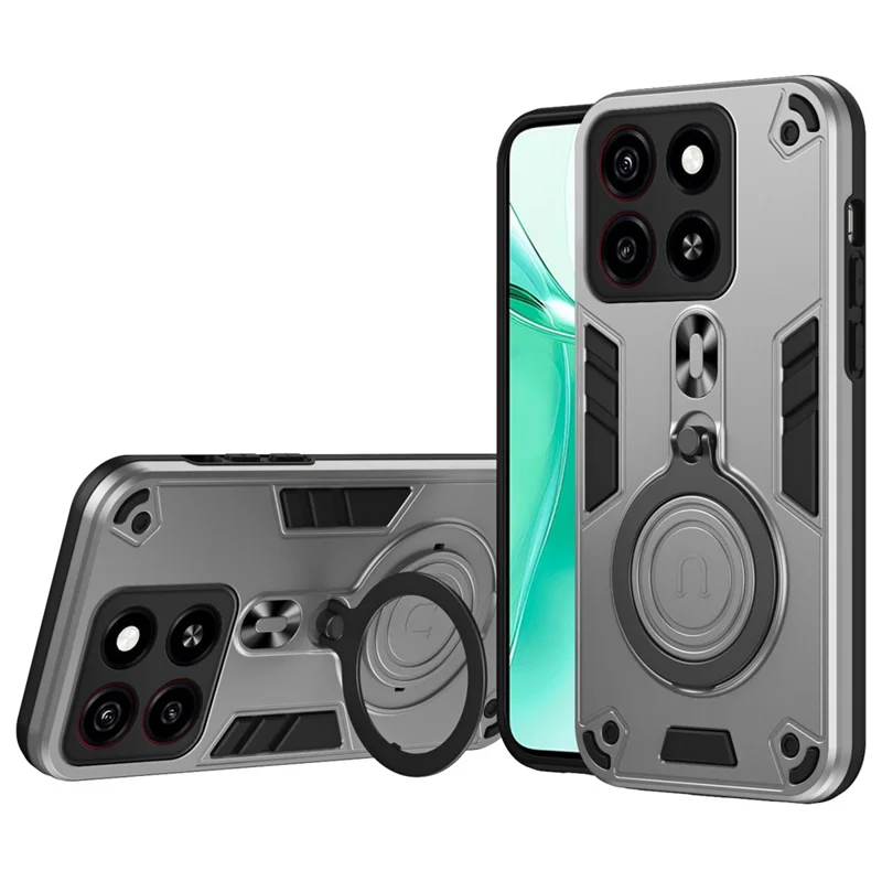 For ZTE Blade A35 Case Rotatable Kickstand PC+TPU Drop Protection Phone Cover - Silver