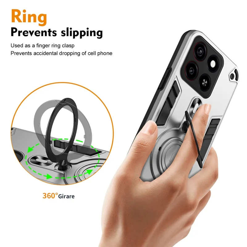 For ZTE Blade A35 Case Rotatable Kickstand PC+TPU Drop Protection Phone Cover - Silver