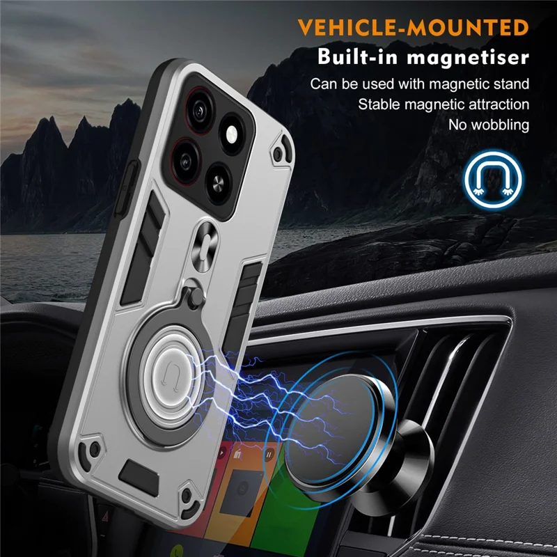 For ZTE Blade A35 Case Rotatable Kickstand PC+TPU Drop Protection Phone Cover - Silver