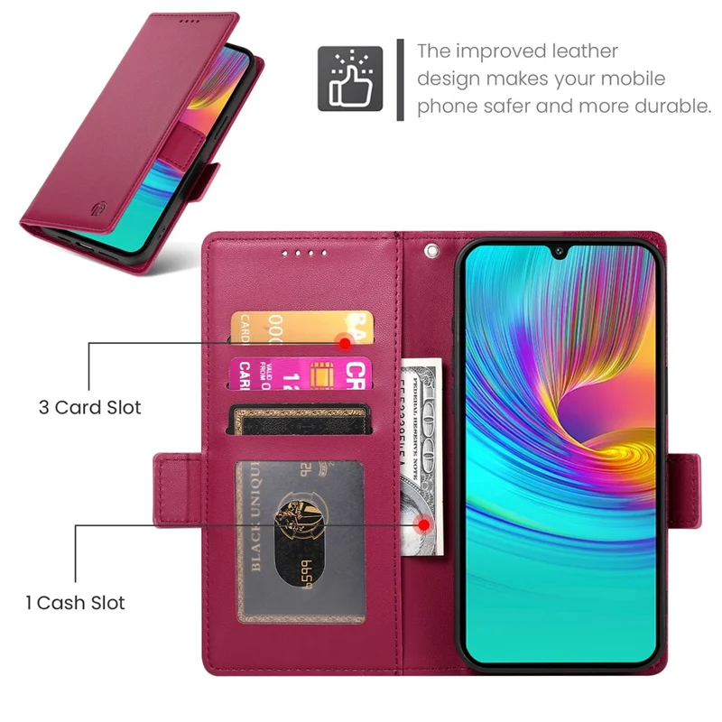 DF-010 For Samsung Galaxy A26 5G Stand Case PU Leather Wallet Phone Cover - Wine Red