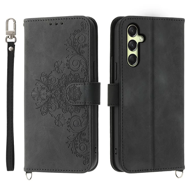 Étui pour Samsung Galaxy A36 5G avec motif floral en cuir PU, housse de téléphone portefeuille avec sangle - Noir