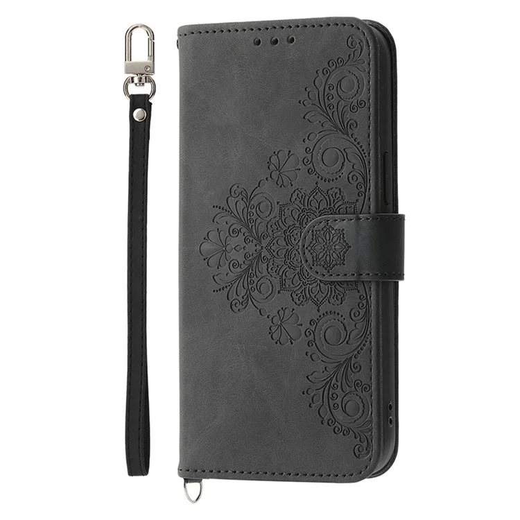 Étui pour Samsung Galaxy A36 5G avec motif floral en cuir PU, housse de téléphone portefeuille avec sangle - Noir
