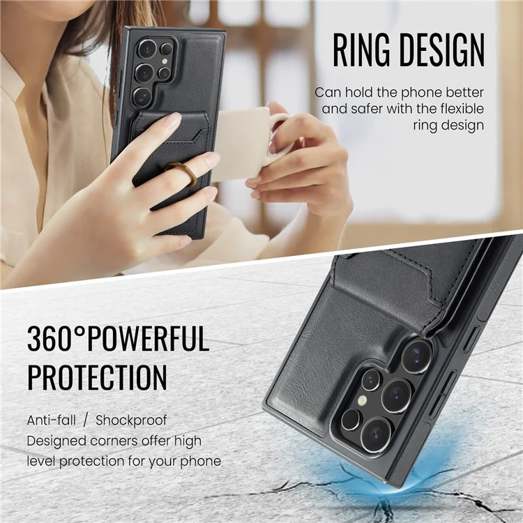 Capa magnética da série MAGKING K1 para Samsung Galaxy S23 Ultra, com suporte para cartão, em PC+TPU+PU - Preta