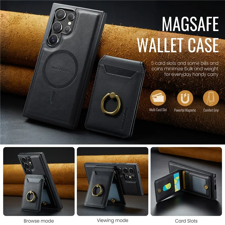 Capa magnética da série MAGKING K1 para Samsung Galaxy S23 Ultra, com suporte para cartão, em PC+TPU+PU - Preta