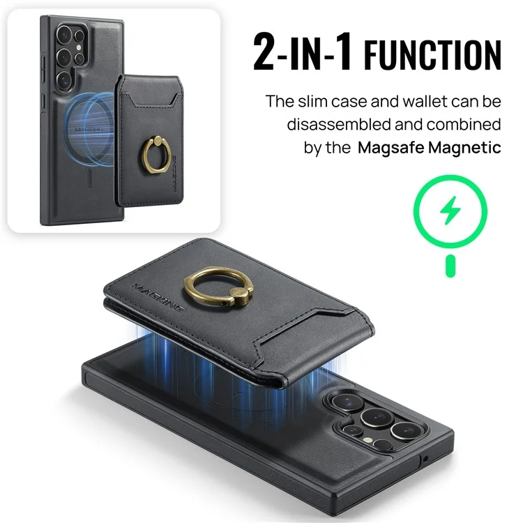 Capa magnética da série MAGKING K1 para Samsung Galaxy S23 Ultra, com suporte para cartão, em PC+TPU+PU - Preta