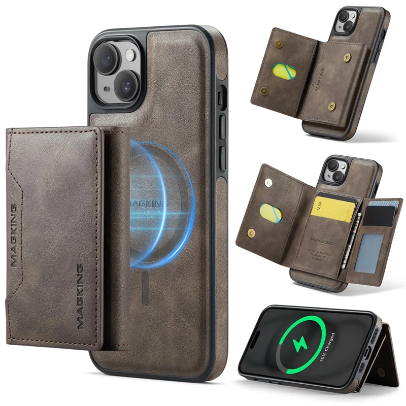 MAGKING K2 Series For iPhone 13 Case Compatible with MagSafe PC+TPU+PU Phone Cover - Coffee