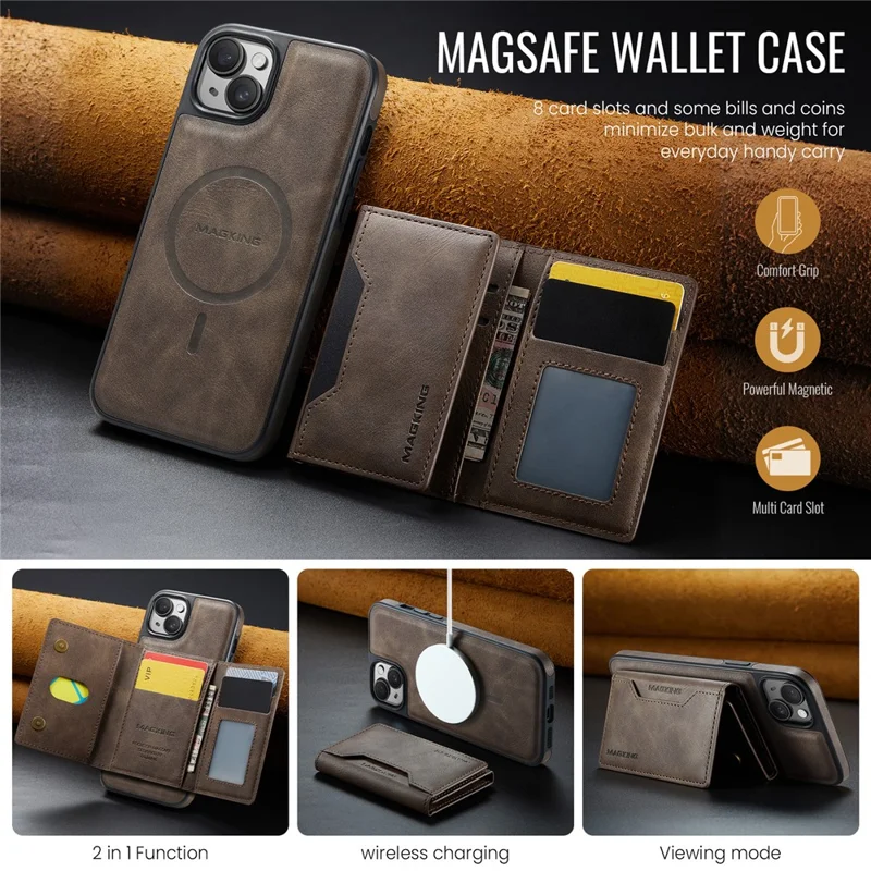 MAGKING K2 Series For iPhone 13 Case Compatible with MagSafe PC+TPU+PU Phone Cover - Coffee