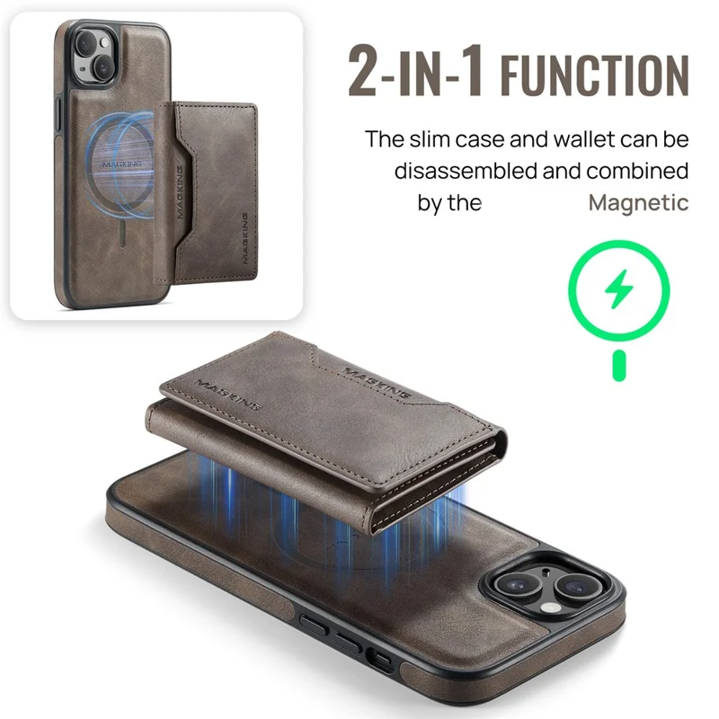 MAGKING K2 Series For iPhone 13 Case Compatible with MagSafe PC+TPU+PU Phone Cover - Coffee