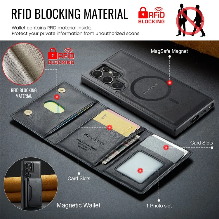 Étui pour Samsung Galaxy S23 Ultra de la série MAGKING K2 compatible avec MagSafe, en PC+TPU+PU - Noir