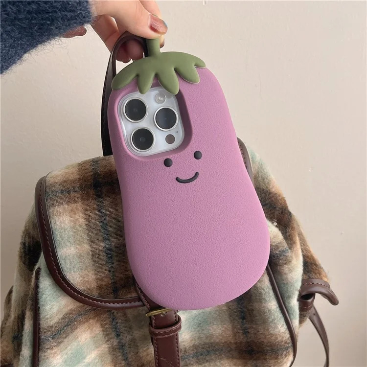 Funda para iPhone 16 Pro Sonrisa de dibujos animados Berenjena Funda de silicona suave