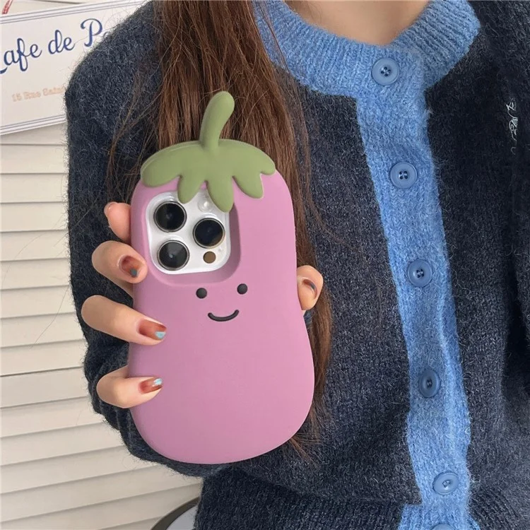 Funda para iPhone 16 Pro Max, diseño de dibujos animados con sonrisa y berenjena, de silicona suave.