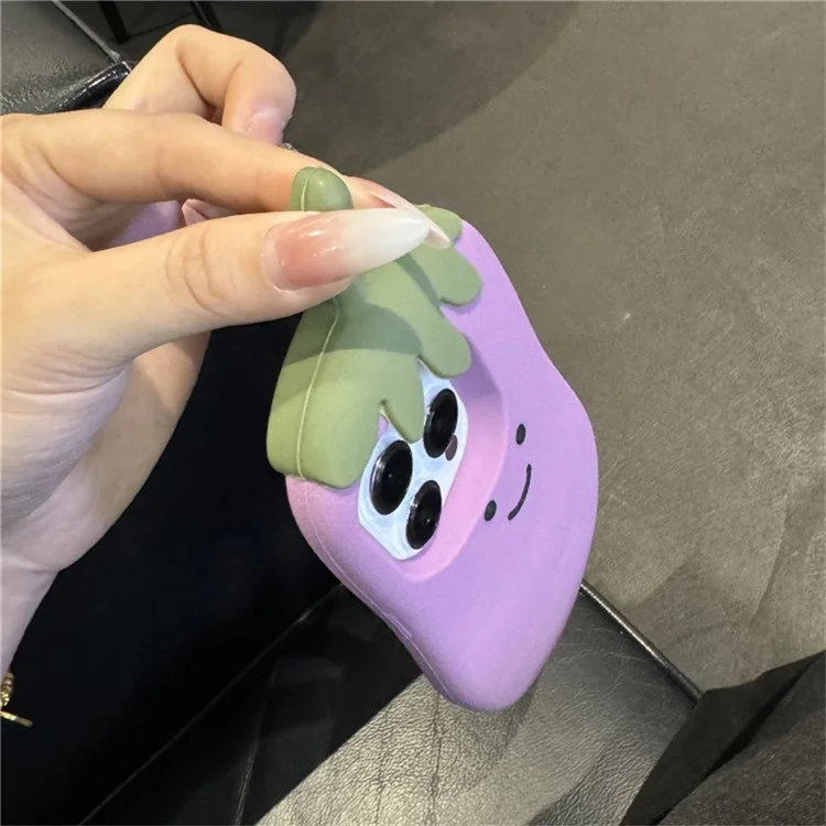 Funda para iPhone 16 Pro Max, diseño de dibujos animados con sonrisa y berenjena, de silicona suave.
