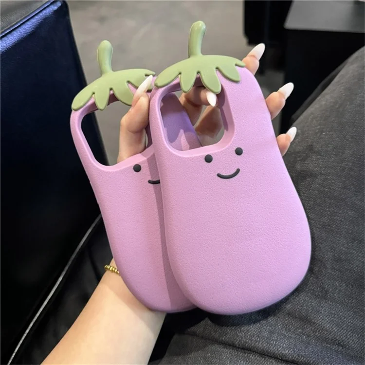 Funda para iPhone 16 Pro Max, diseño de dibujos animados con sonrisa y berenjena, de silicona suave.