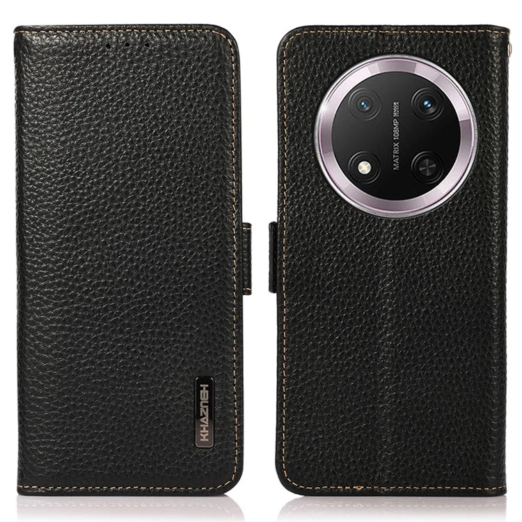 Capa de telefone KHAZNEH For Honor X9c 5G em couro genuíno de vaca com bloqueio RFID - Preto