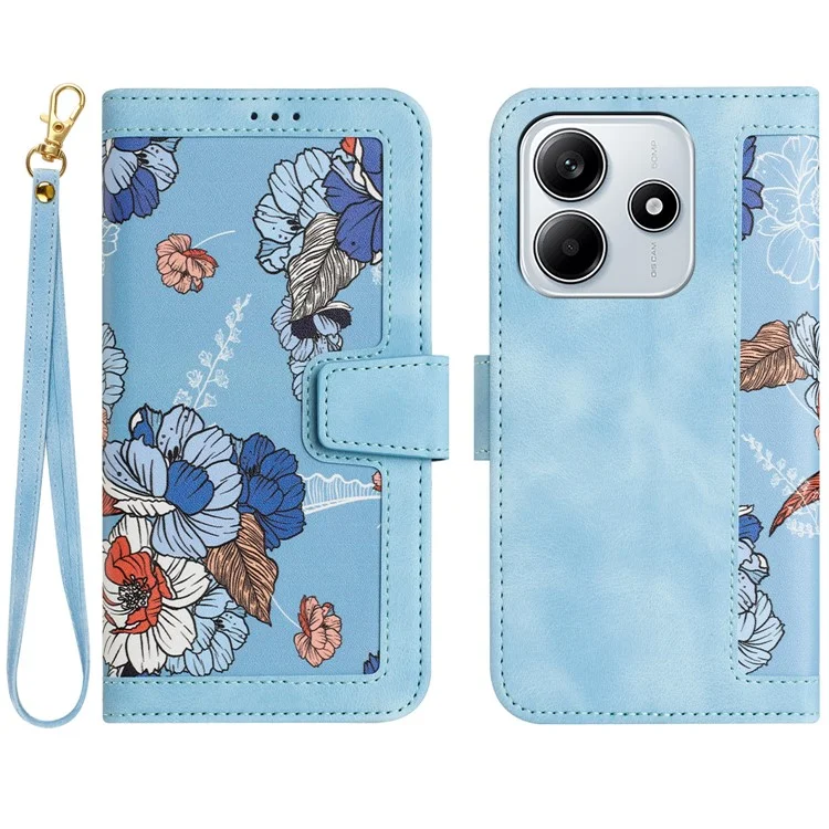 Custodia in pelle PU con motivo floreale e slot per schede per Xiaomi Redmi Note 14 5G - Azzurro pastello