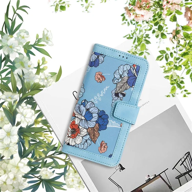 Custodia in pelle PU con motivo floreale e slot per schede per Xiaomi Redmi Note 14 5G - Azzurro pastello