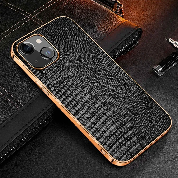 Étui de Téléphone Anti-rayures Pour Iphone 14 Plus Texte Texture Case D'amortisseur en Cuir Authentique Couverture Arrière TPU TPU en Cuir en Cuir en Cuir Authentique - le Noir