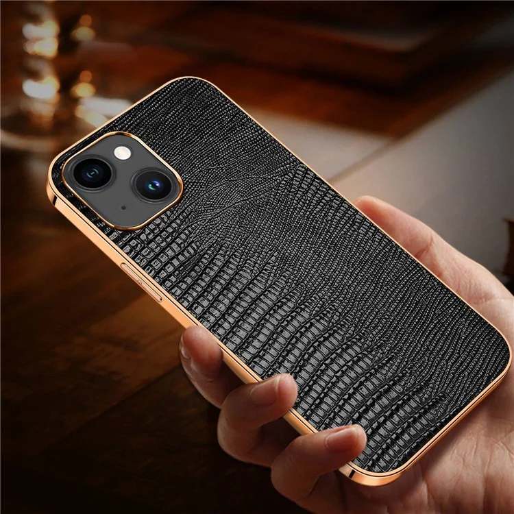 Étui de Téléphone Anti-rayures Pour Iphone 14 Plus Texte Texture Case D'amortisseur en Cuir Authentique Couverture Arrière TPU TPU en Cuir en Cuir en Cuir Authentique - le Noir