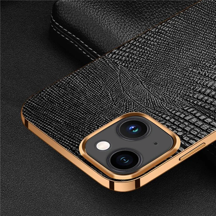 Étui de Téléphone Anti-rayures Pour Iphone 14 Plus Texte Texture Case D'amortisseur en Cuir Authentique Couverture Arrière TPU TPU en Cuir en Cuir en Cuir Authentique - le Noir