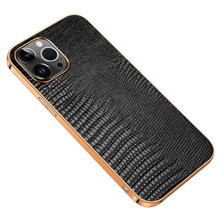 Protective Case for iPhone 14 Pro Max Anti-Drop Electroplating Phone Case Genuine Leather Coated TPU Back Cover with Lizard Texture - Black