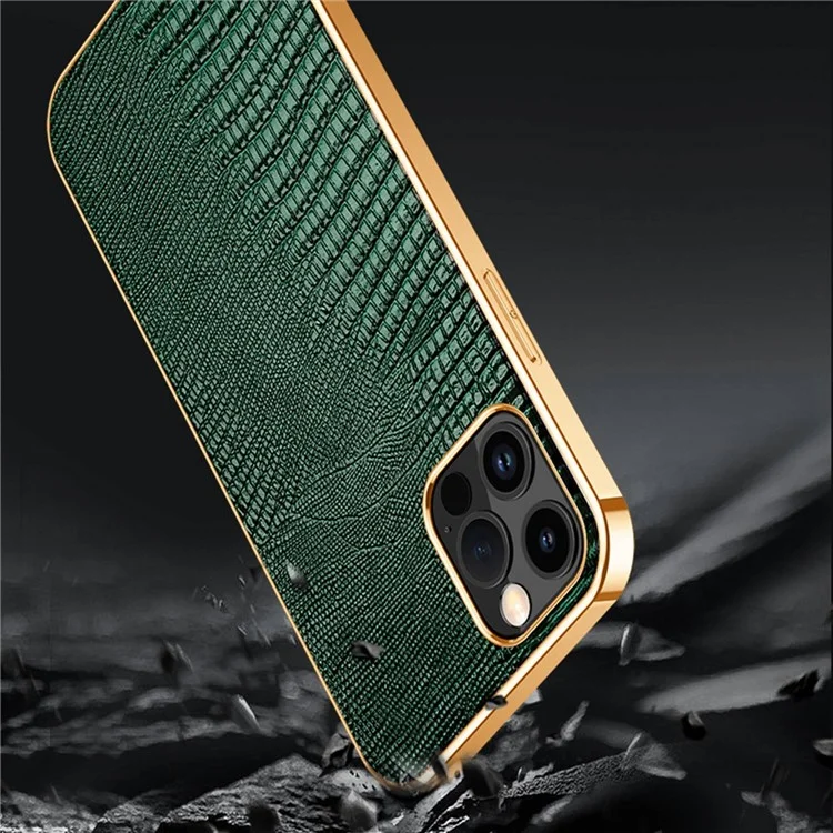 Protective Case for iPhone 14 Pro Max Anti-Drop Electroplating Phone Case Genuine Leather Coated TPU Back Cover with Lizard Texture - Black