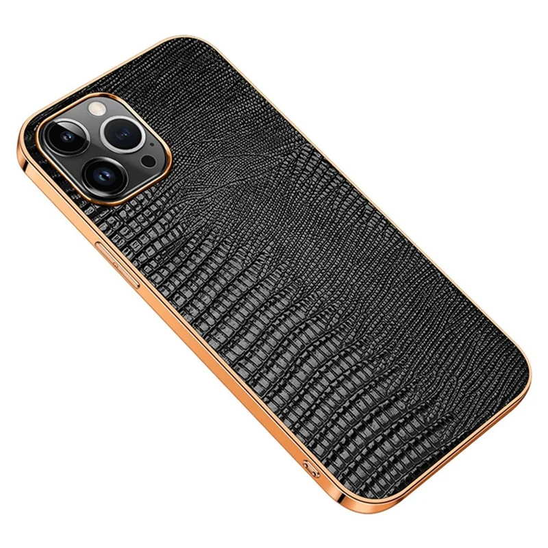 Anti-Fall Phone Case for iPhone 14 Pro Electroplating Shockproof Case Genuine Leather Coated TPU Back Cover with Lizard Texture - Black