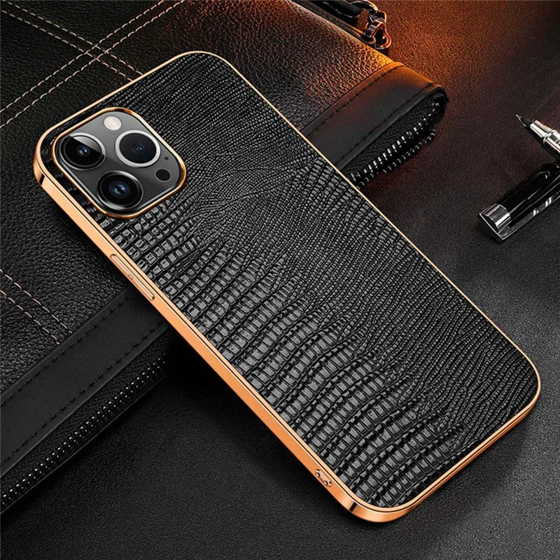 Anti-Fall Phone Case for iPhone 14 Pro Electroplating Shockproof Case Genuine Leather Coated TPU Back Cover with Lizard Texture - Black