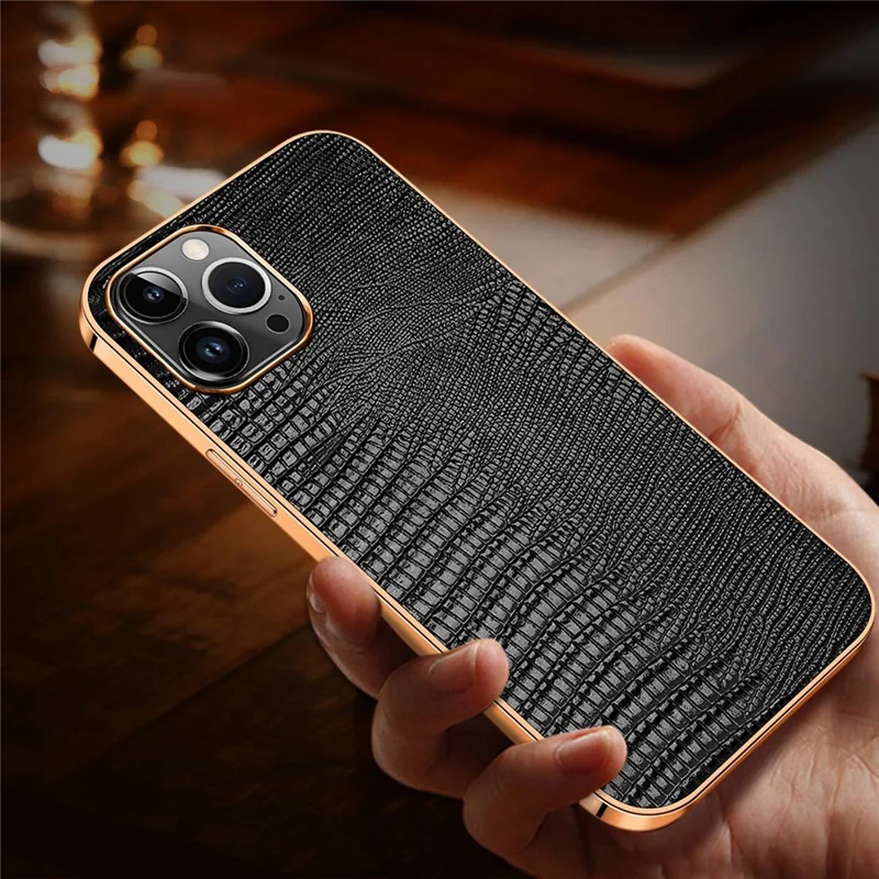 Anti-Fall Phone Case for iPhone 14 Pro Electroplating Shockproof Case Genuine Leather Coated TPU Back Cover with Lizard Texture - Black