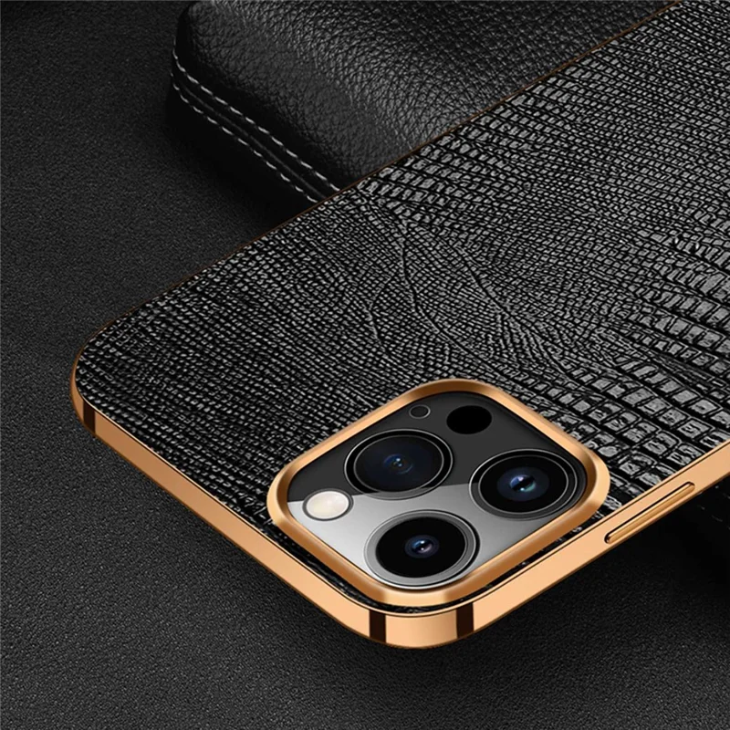 Anti-Fall Phone Case for iPhone 14 Pro Electroplating Shockproof Case Genuine Leather Coated TPU Back Cover with Lizard Texture - Black